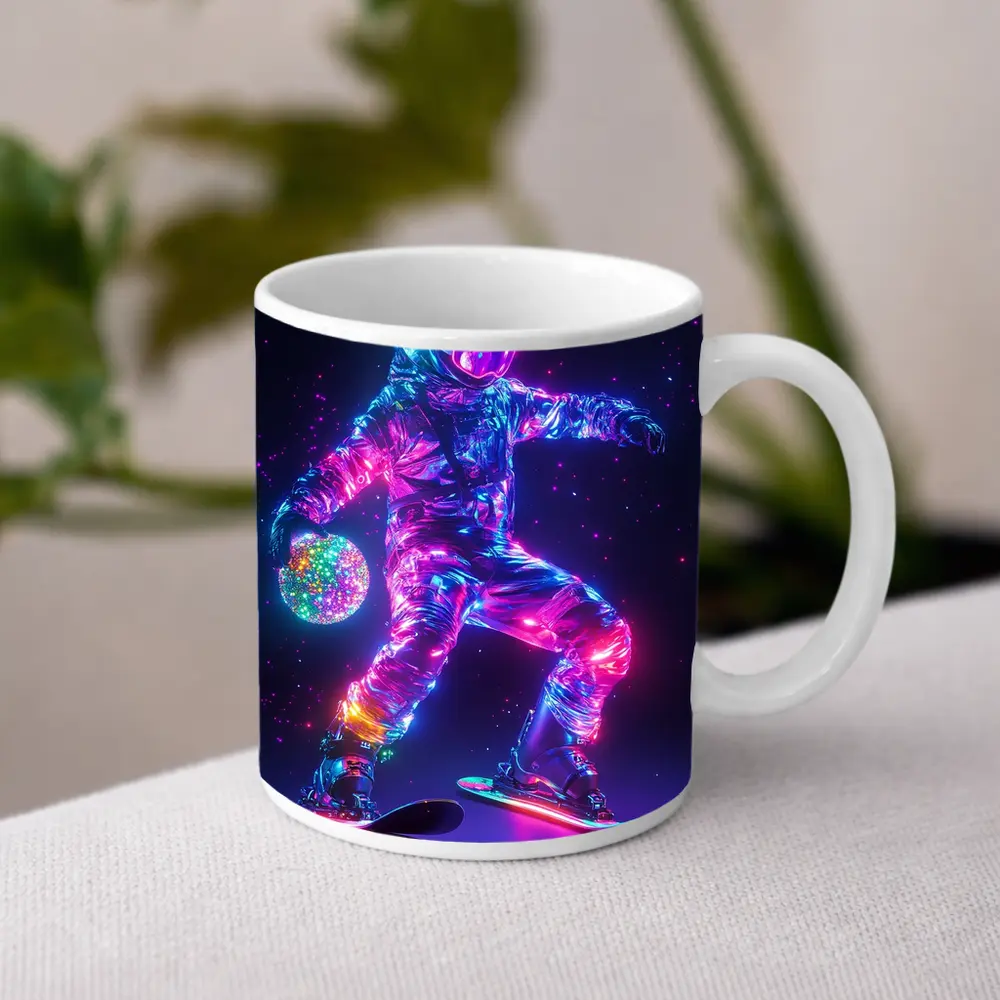 Neon Astronaut Snowboarding Through Cosmic Space – Mugs