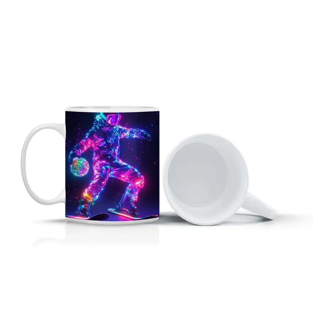 Neon Astronaut Snowboarding Through Cosmic Space – Mugs