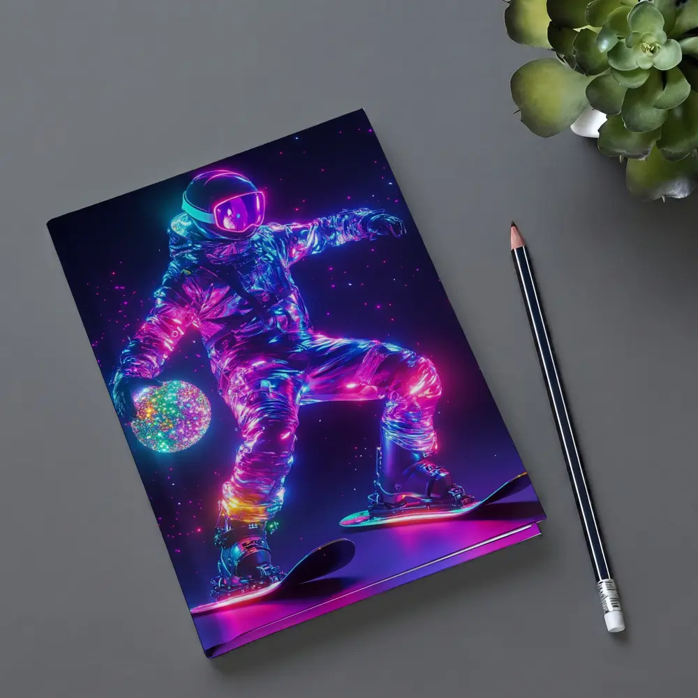 Neon Astronaut Snowboarding Through Cosmic Space – Notebooks