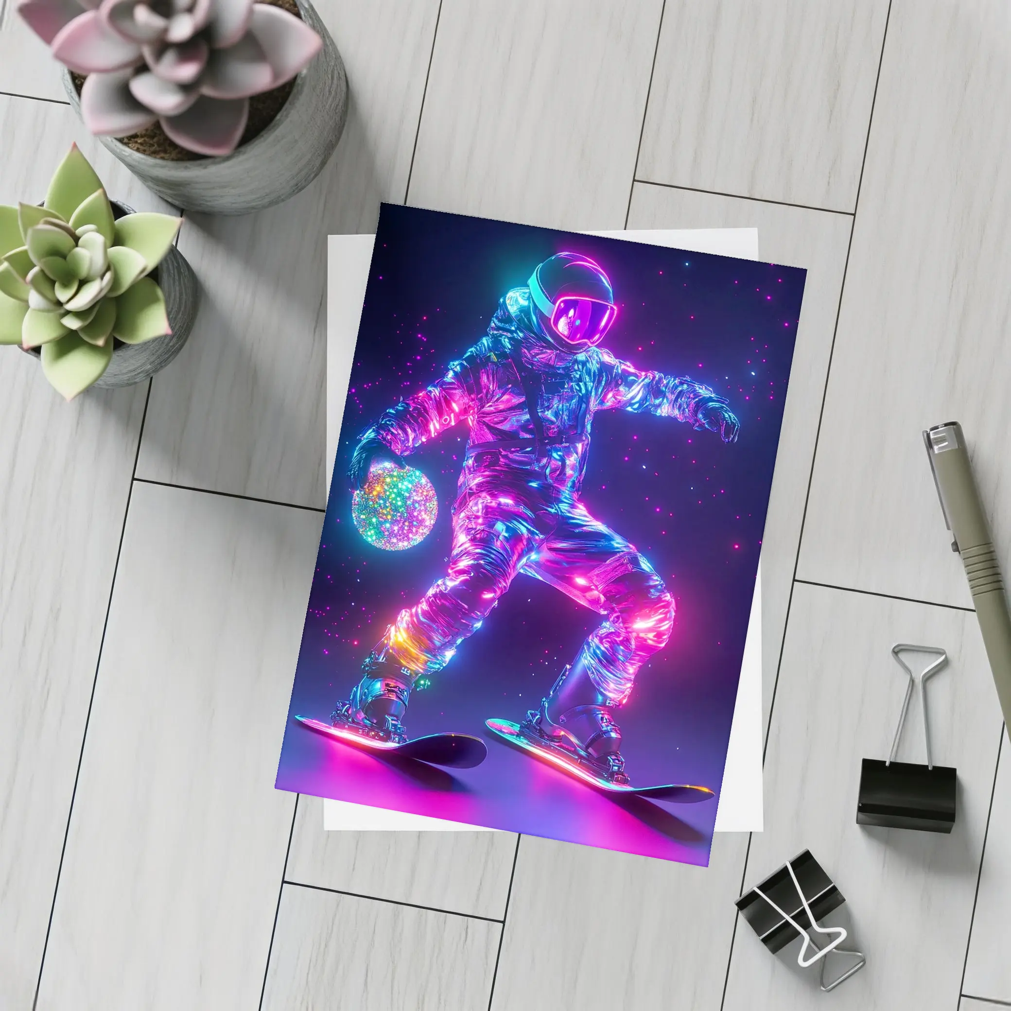 Neon Astronaut Snowboarding Through Cosmic Space – Postcards