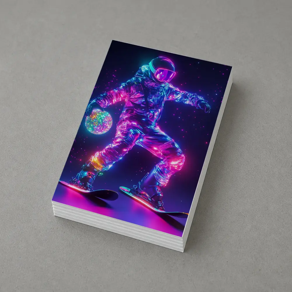 Neon Astronaut Snowboarding Through Cosmic Space – Postcards