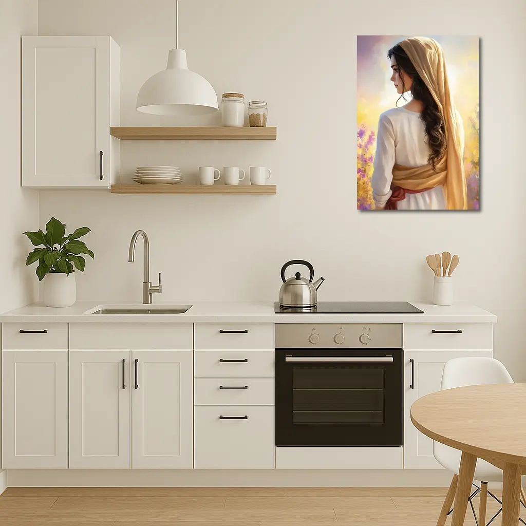 Biblical Woman Golden Veil Floral Background – Wall Art