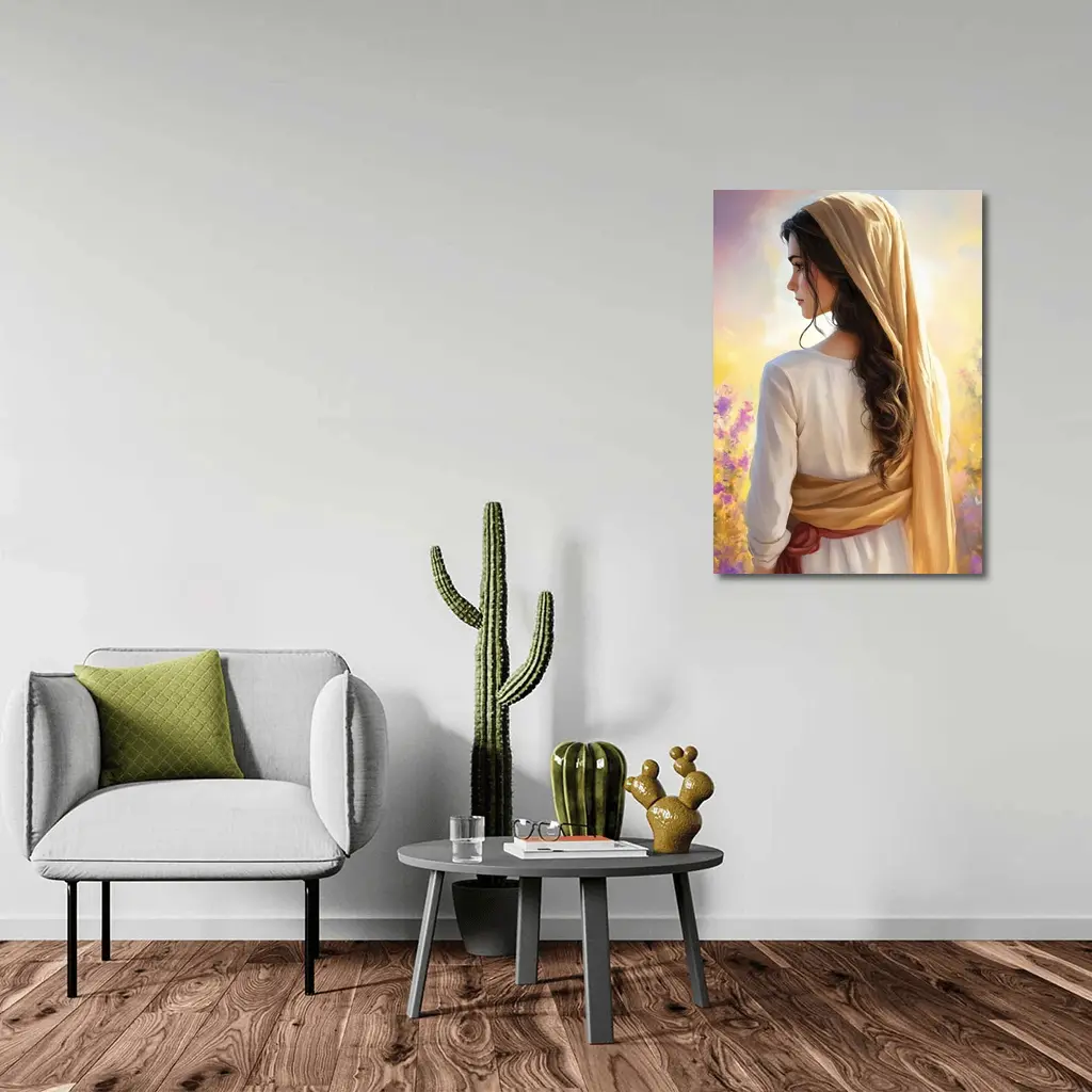 Biblical Woman Golden Veil Floral Background – Wall Art
