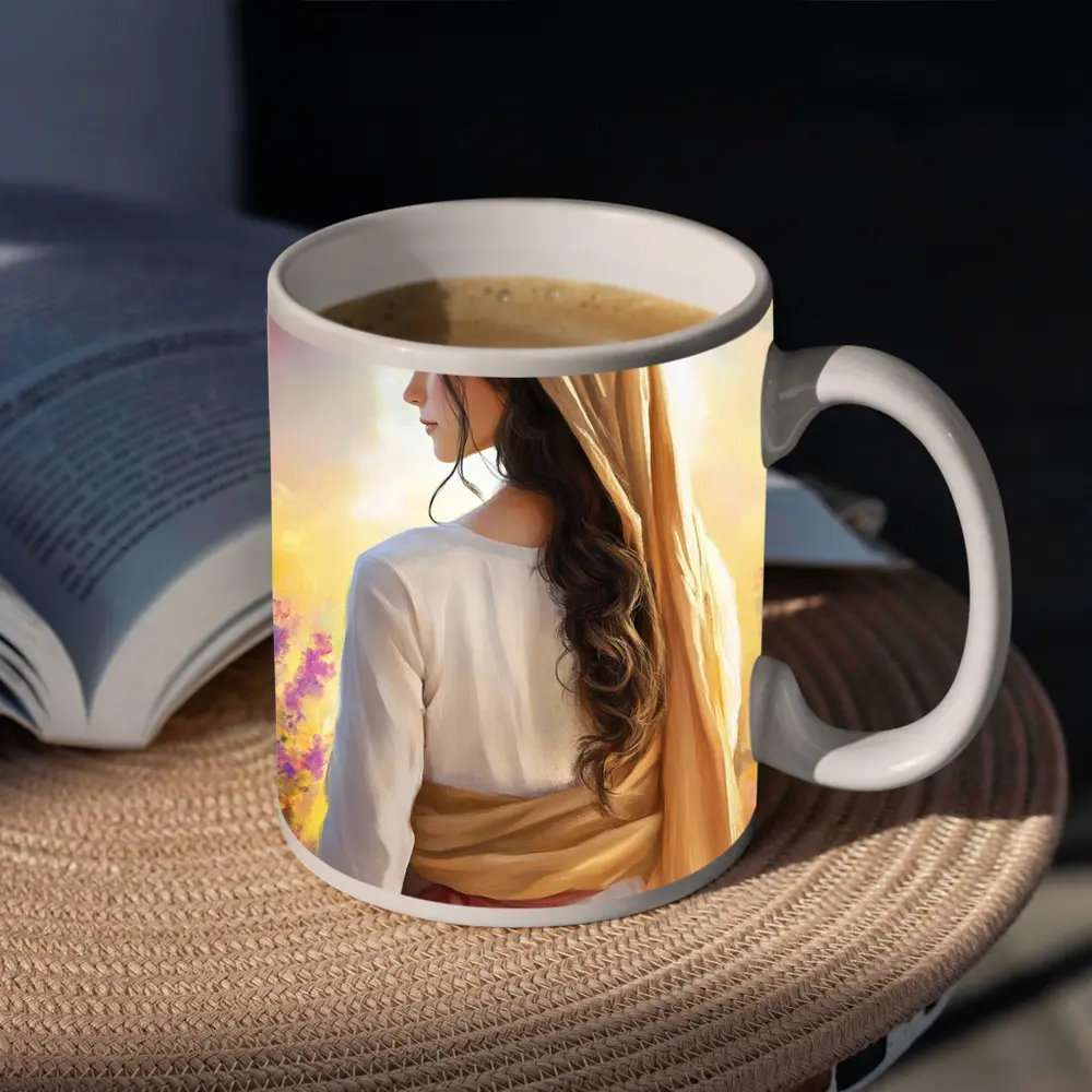 Biblical Woman Golden Veil Floral Background – Mugs
