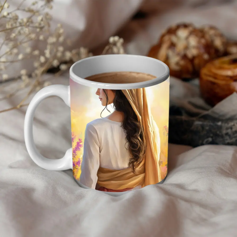 Biblical Woman Golden Veil Floral Background – Mugs