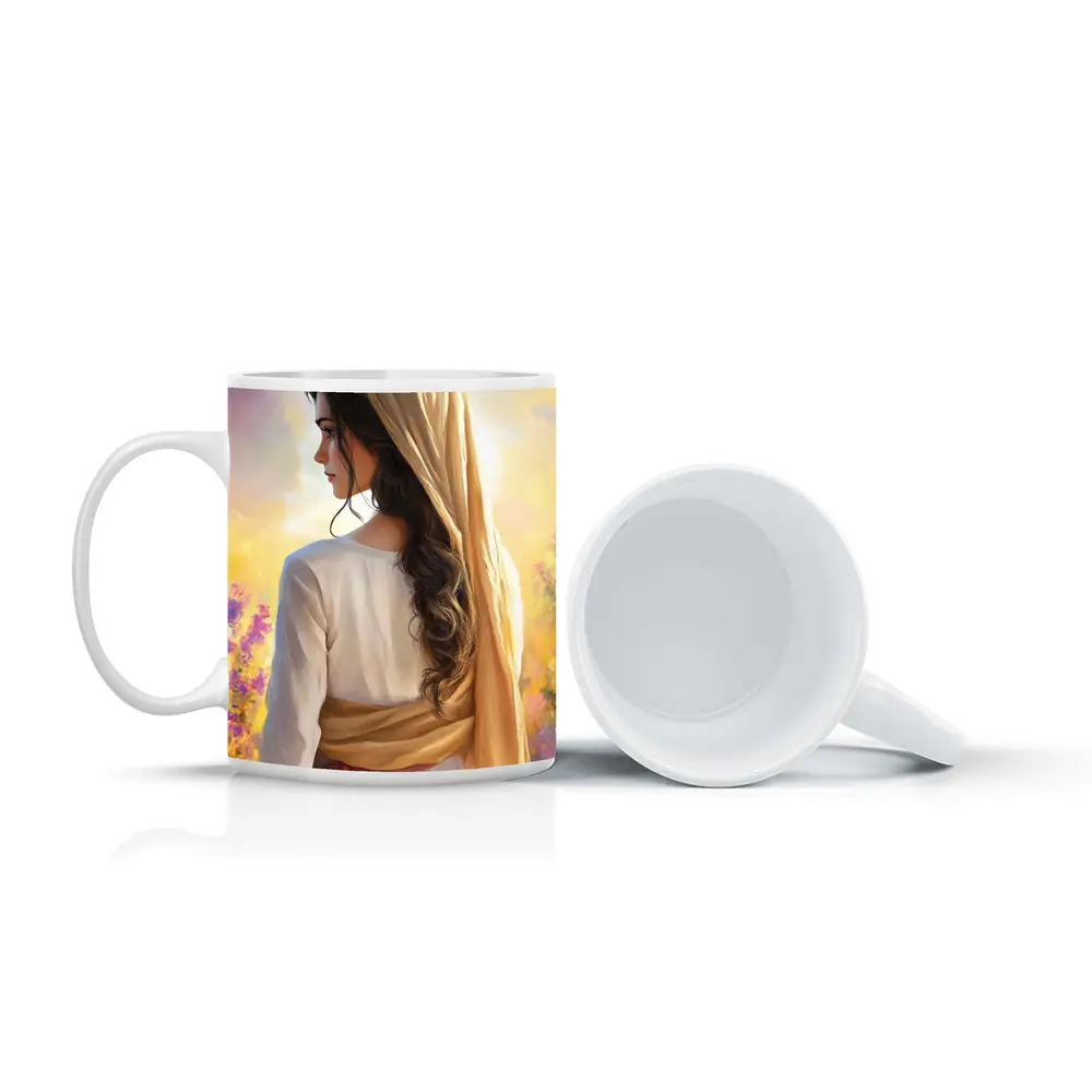 Biblical Woman Golden Veil Floral Background – Mugs