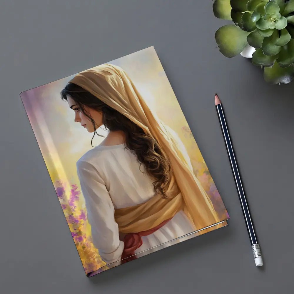 Biblical Woman Golden Veil Floral Background – Notebooks