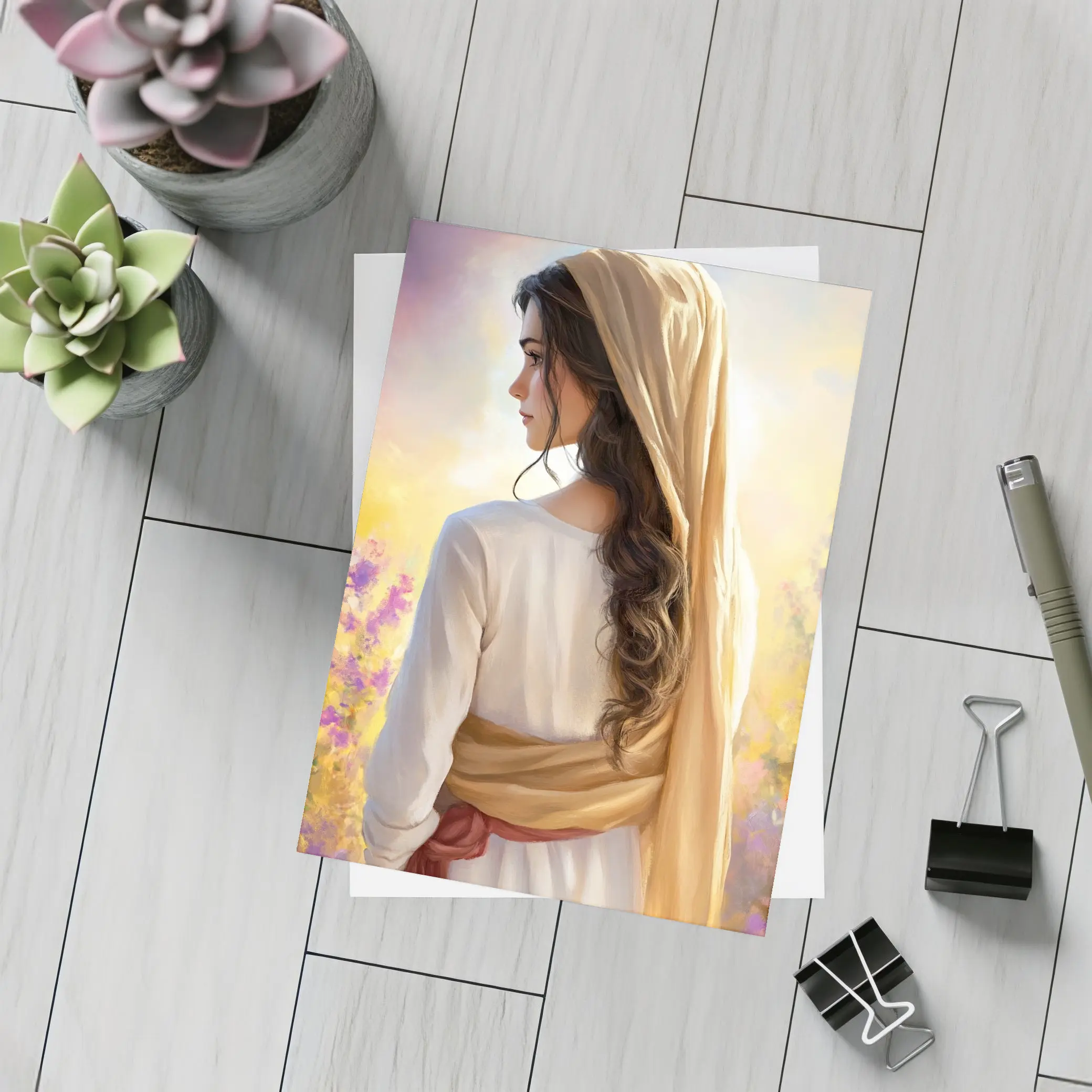 Biblical Woman Golden Veil Floral Background – Postcards