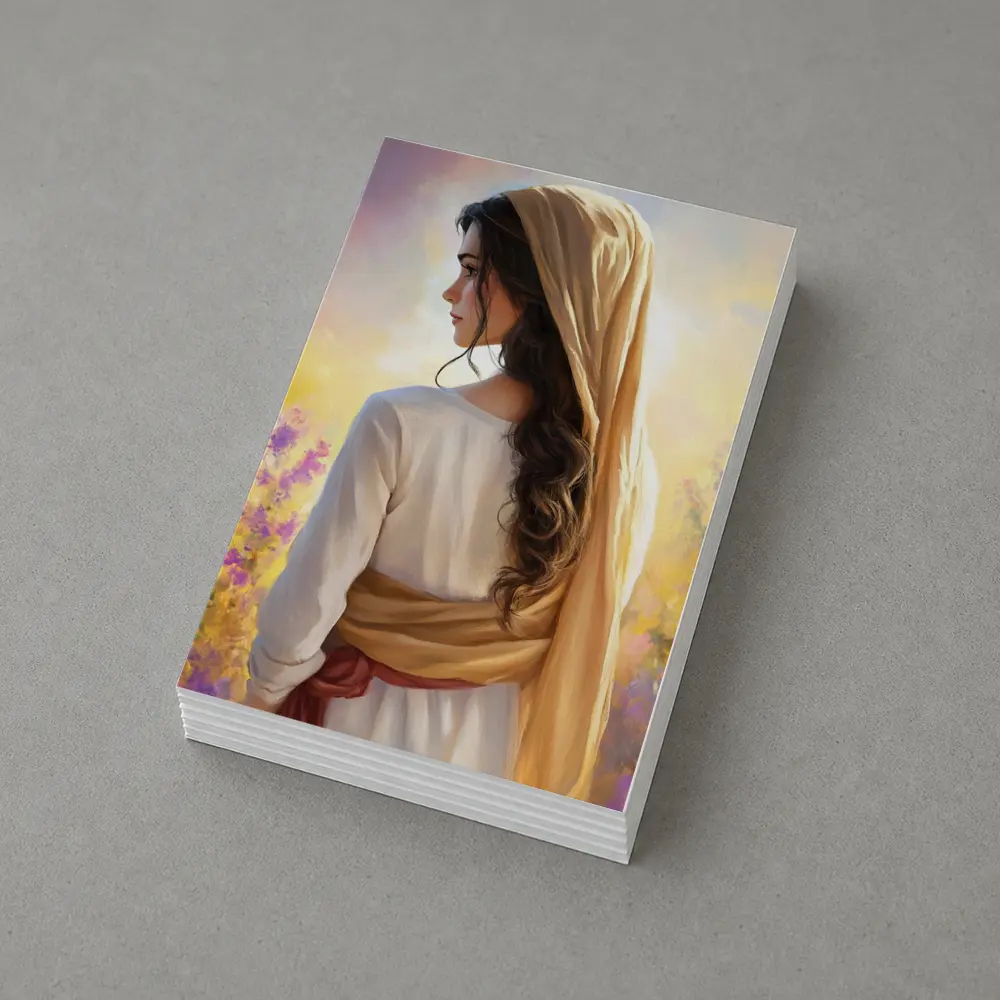 Biblical Woman Golden Veil Floral Background – Postcards