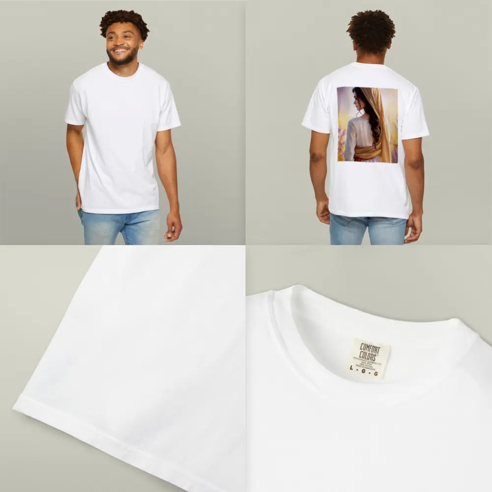 Biblical Woman Golden Veil Floral Background – T-Shirts