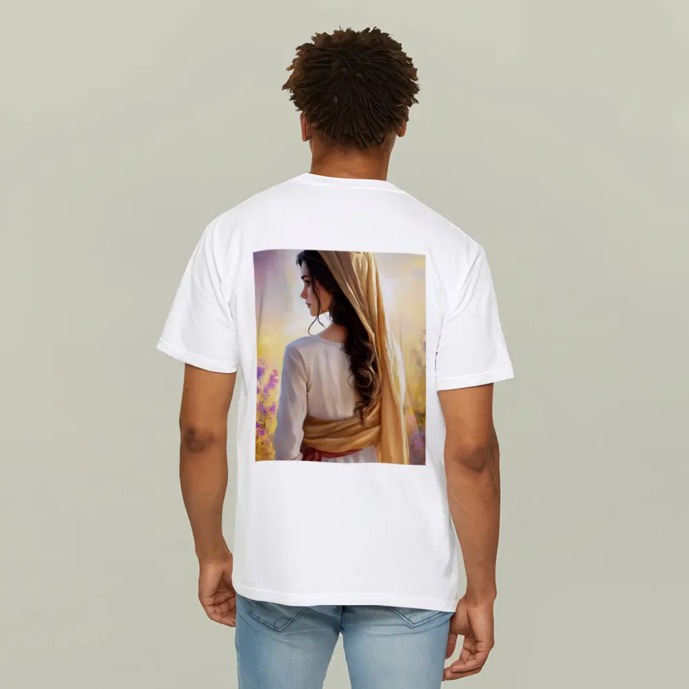 Biblical Woman Golden Veil Floral Background – T-Shirts
