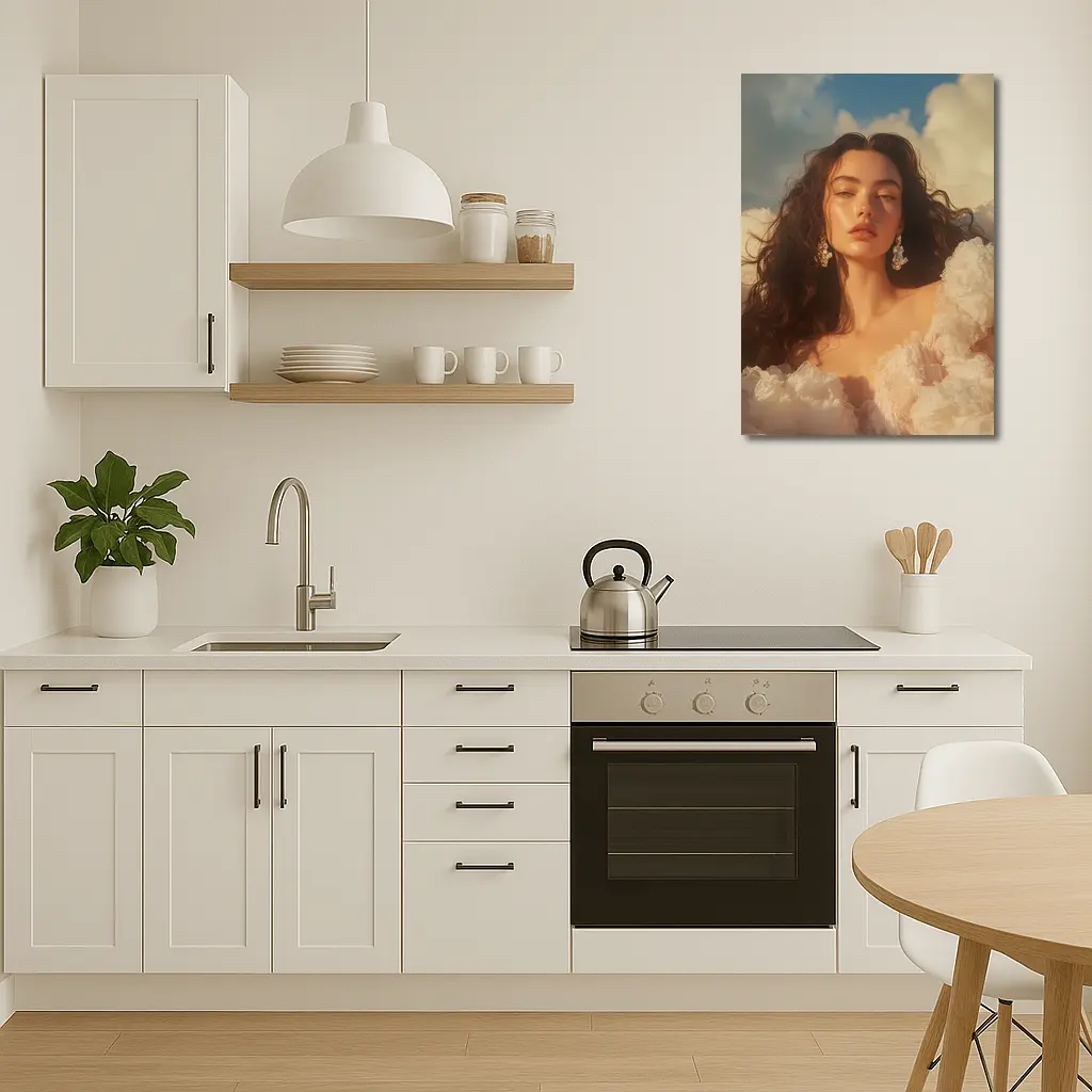 Woman in White Dress Against Blue Sky – Wall Art