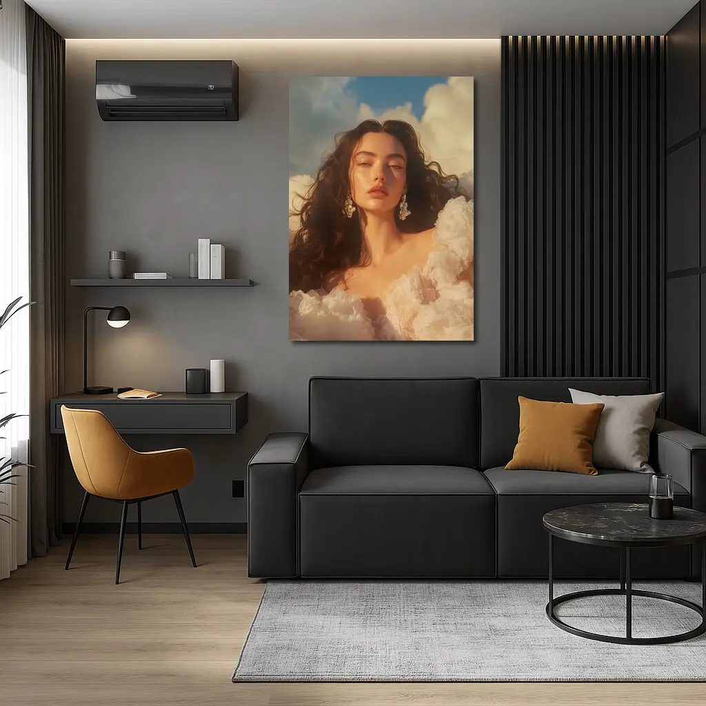 Woman in White Dress Against Blue Sky – Wall Art