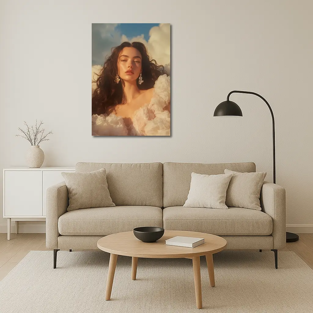 Woman in White Dress Against Blue Sky – Wall Art