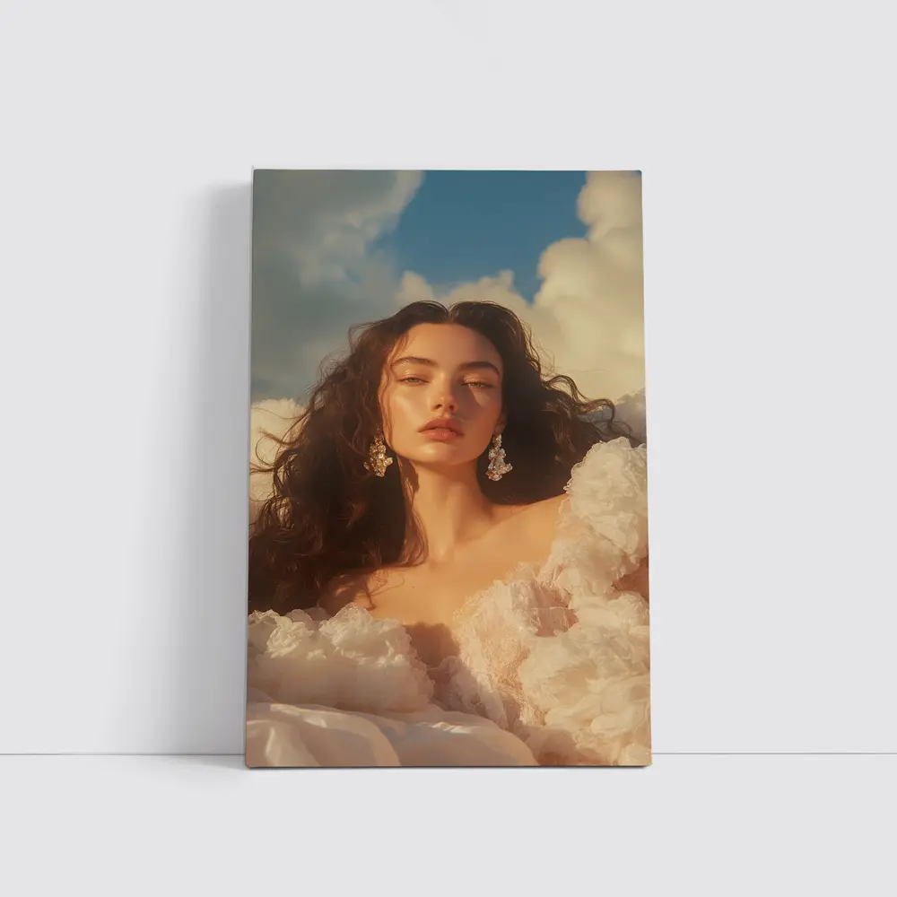 Woman in White Dress Against Blue Sky – Wall Art