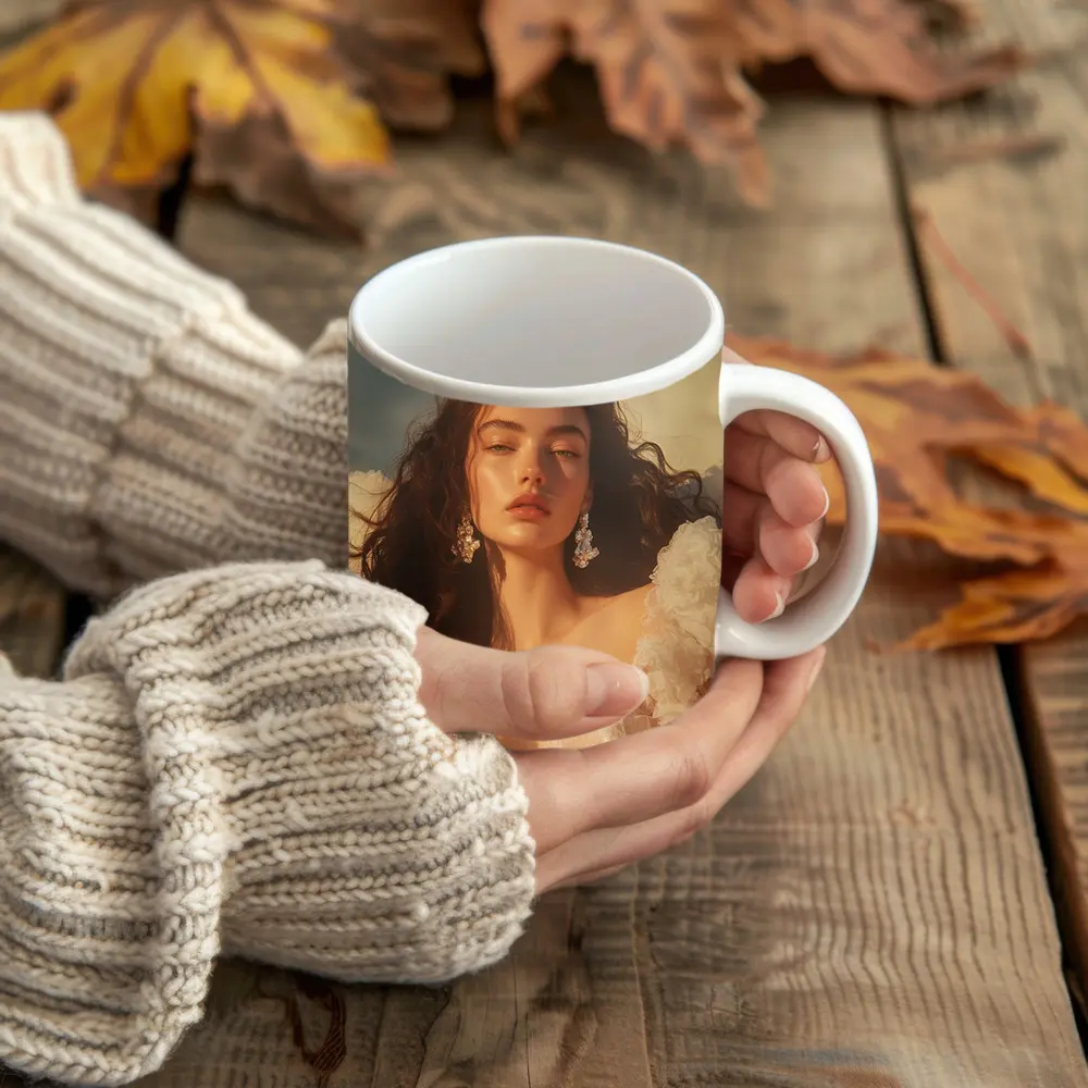 Woman in White Dress Against Blue Sky – Mugs