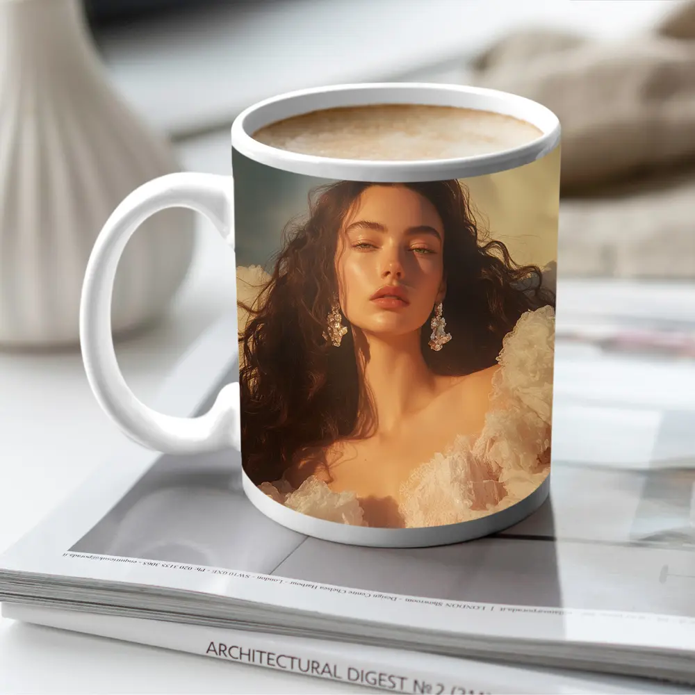 Woman in White Dress Against Blue Sky – Mugs