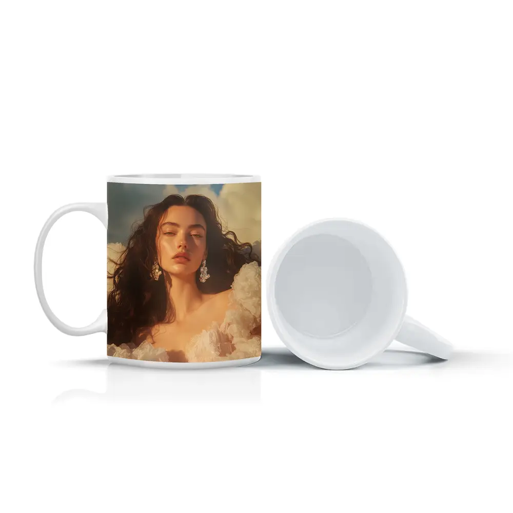 Woman in White Dress Against Blue Sky – Mugs