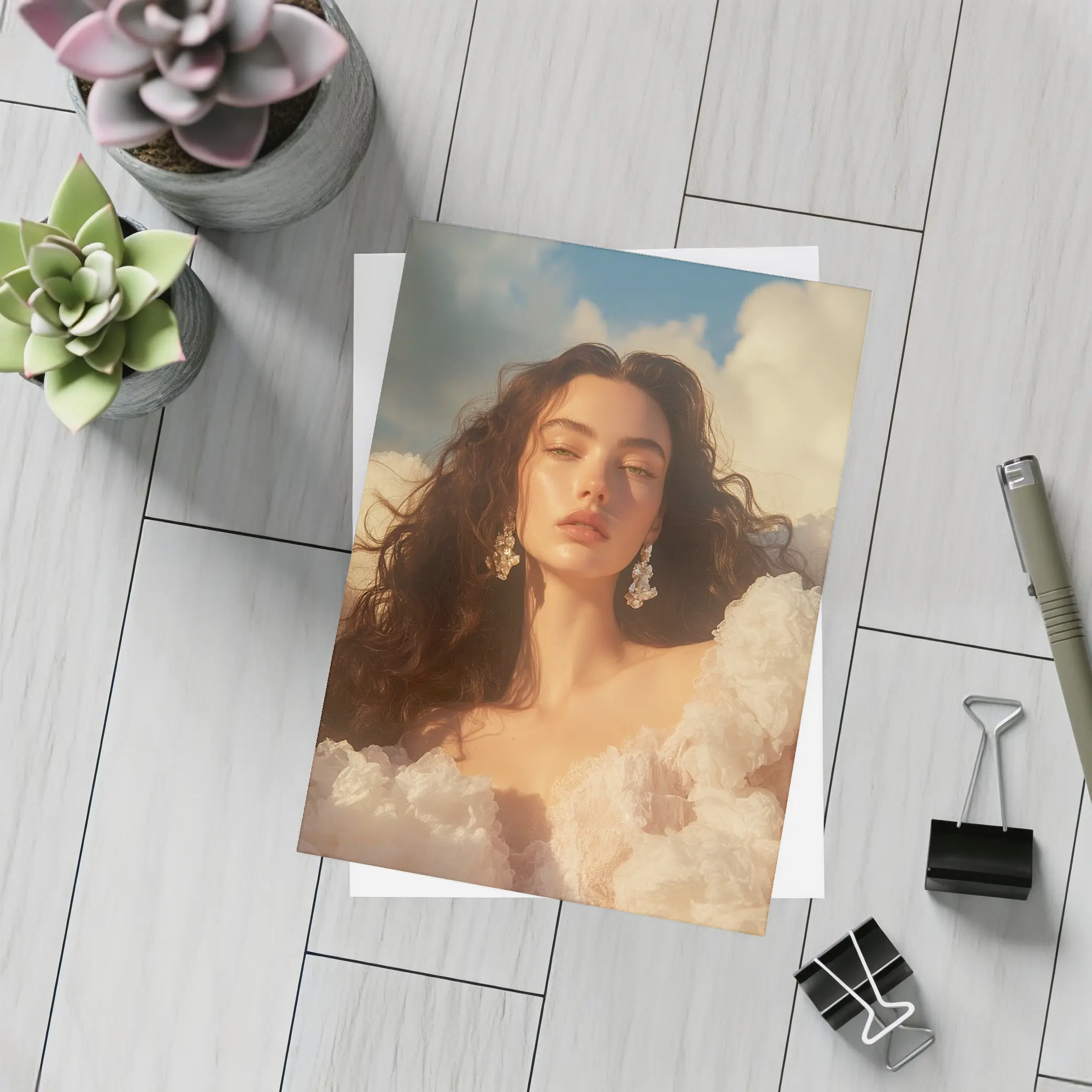 Woman in White Dress Against Blue Sky – Postcards