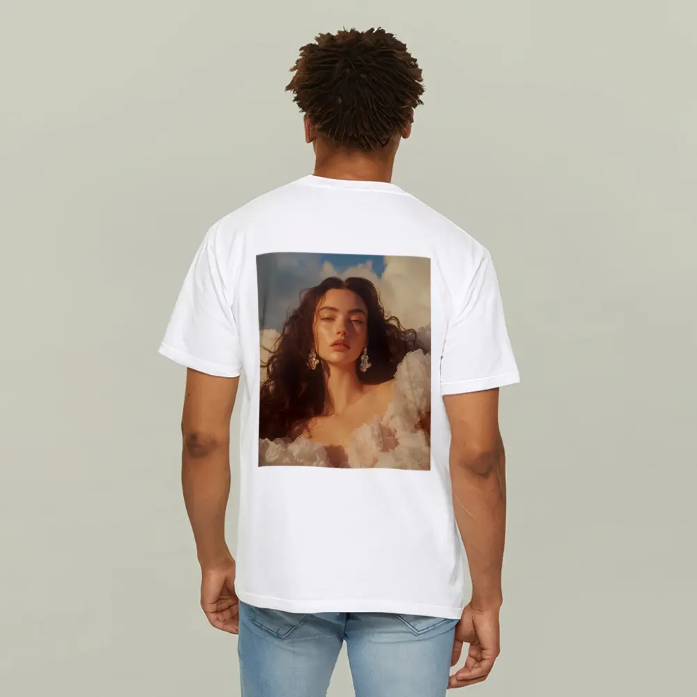 Woman in White Dress Against Blue Sky – T-Shirts