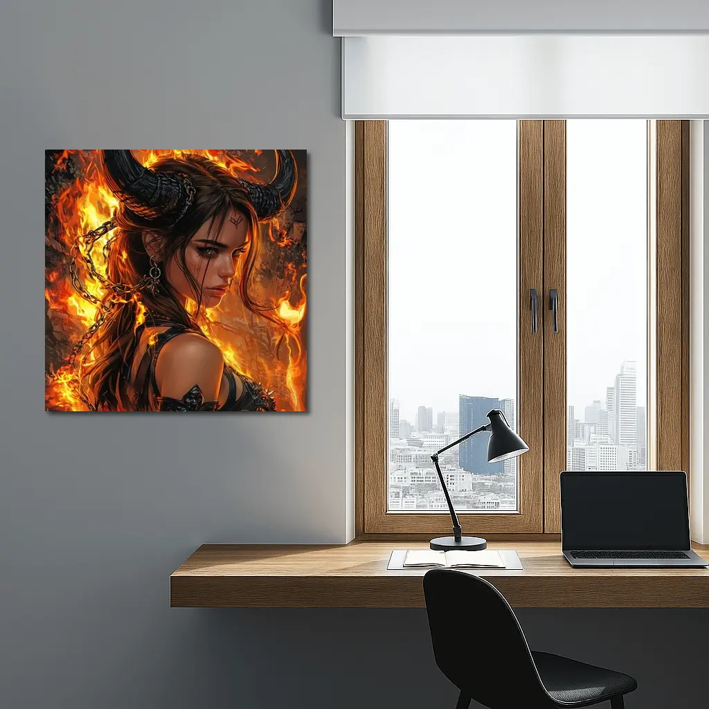 Demon Girl With Horns Fire Fantasy Art – Wall Art