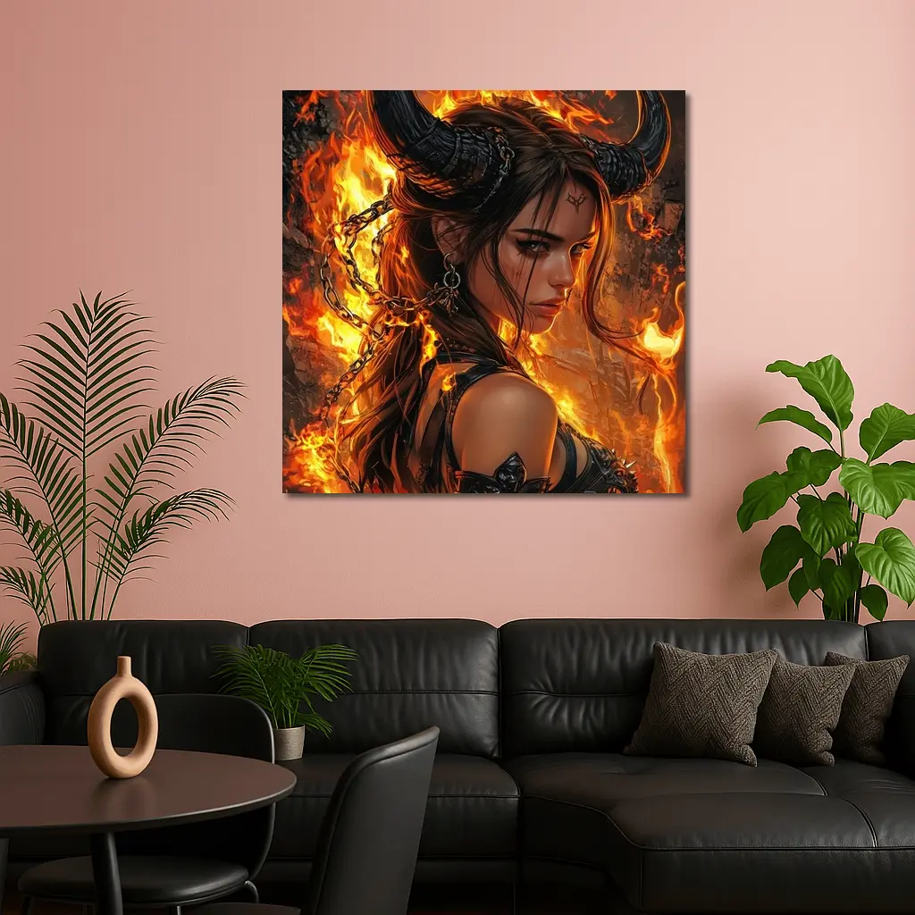 Demon Girl With Horns Fire Fantasy Art – Wall Art