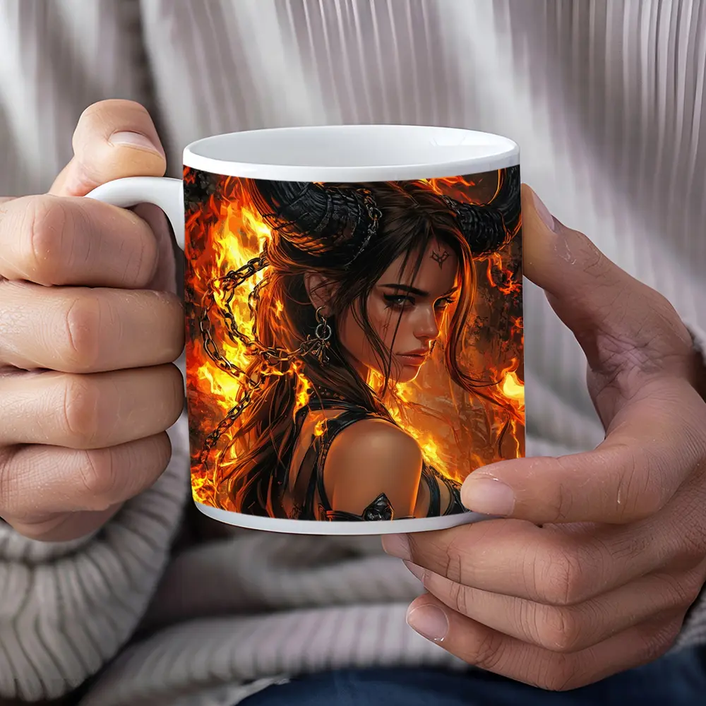 Demon Girl With Horns Fire Fantasy Art – Mugs