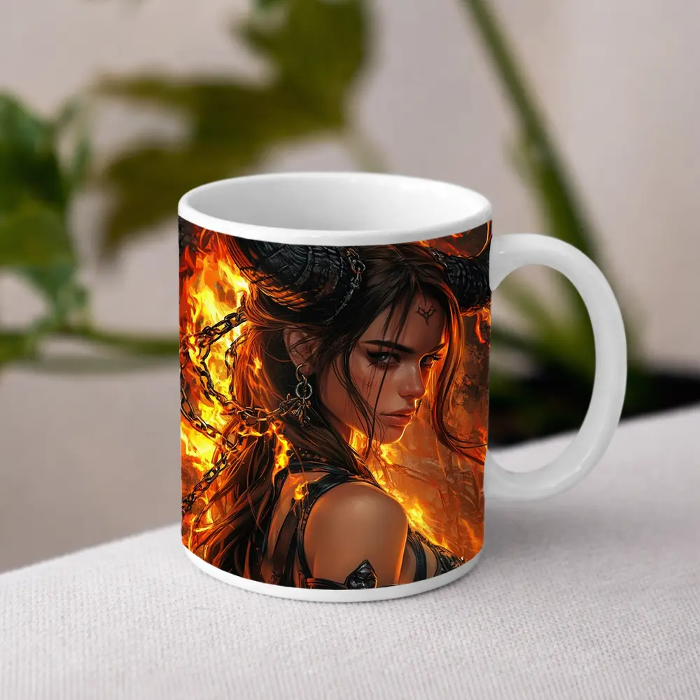 Demon Girl With Horns Fire Fantasy Art – Mugs