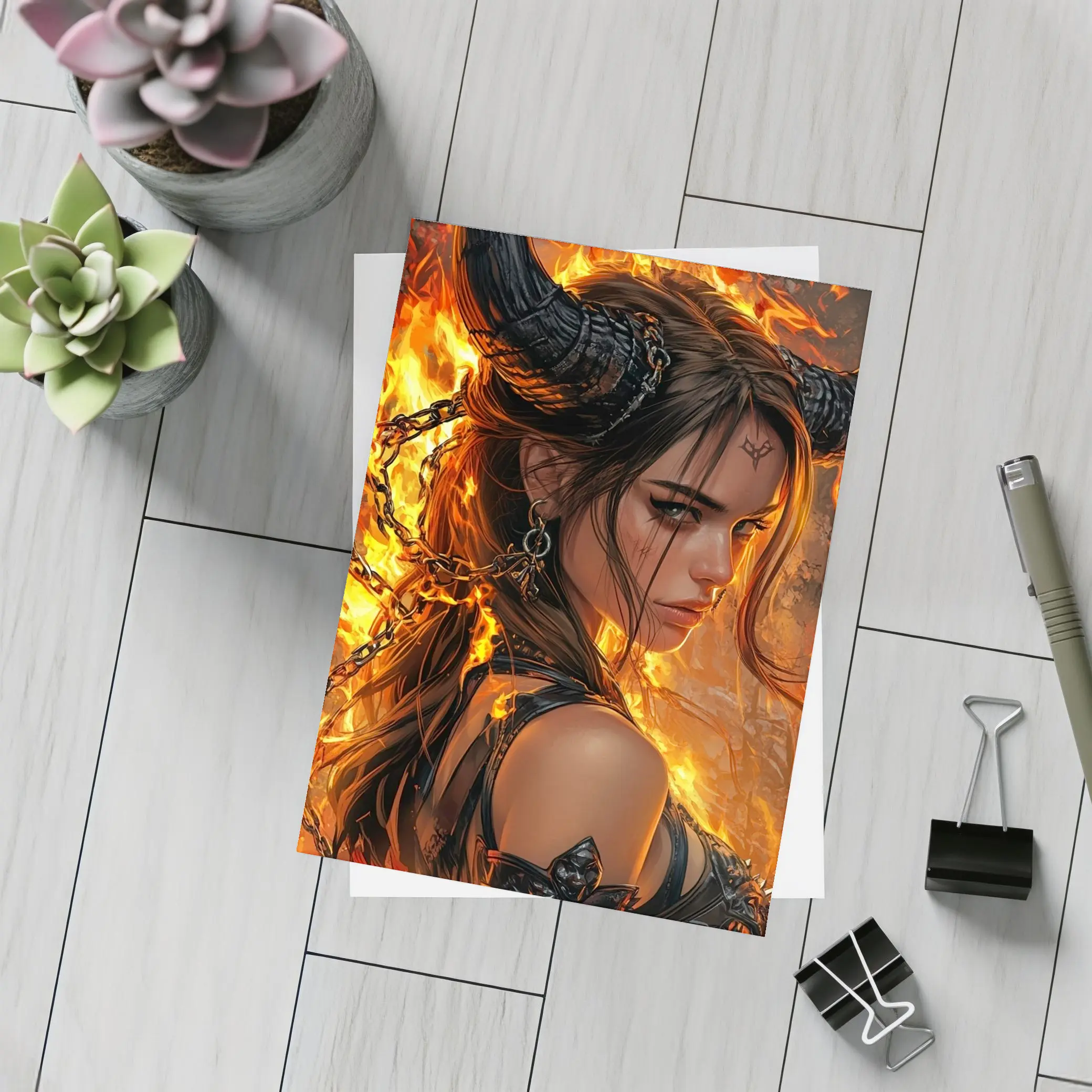 Demon Girl With Horns Fire Fantasy Art – Postcards