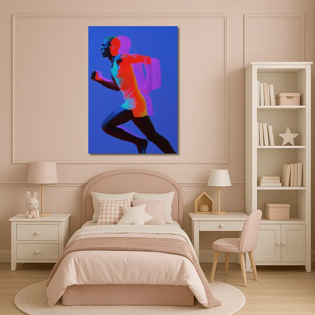 Runner Double Exposure Neon Blue Background – Wall Art