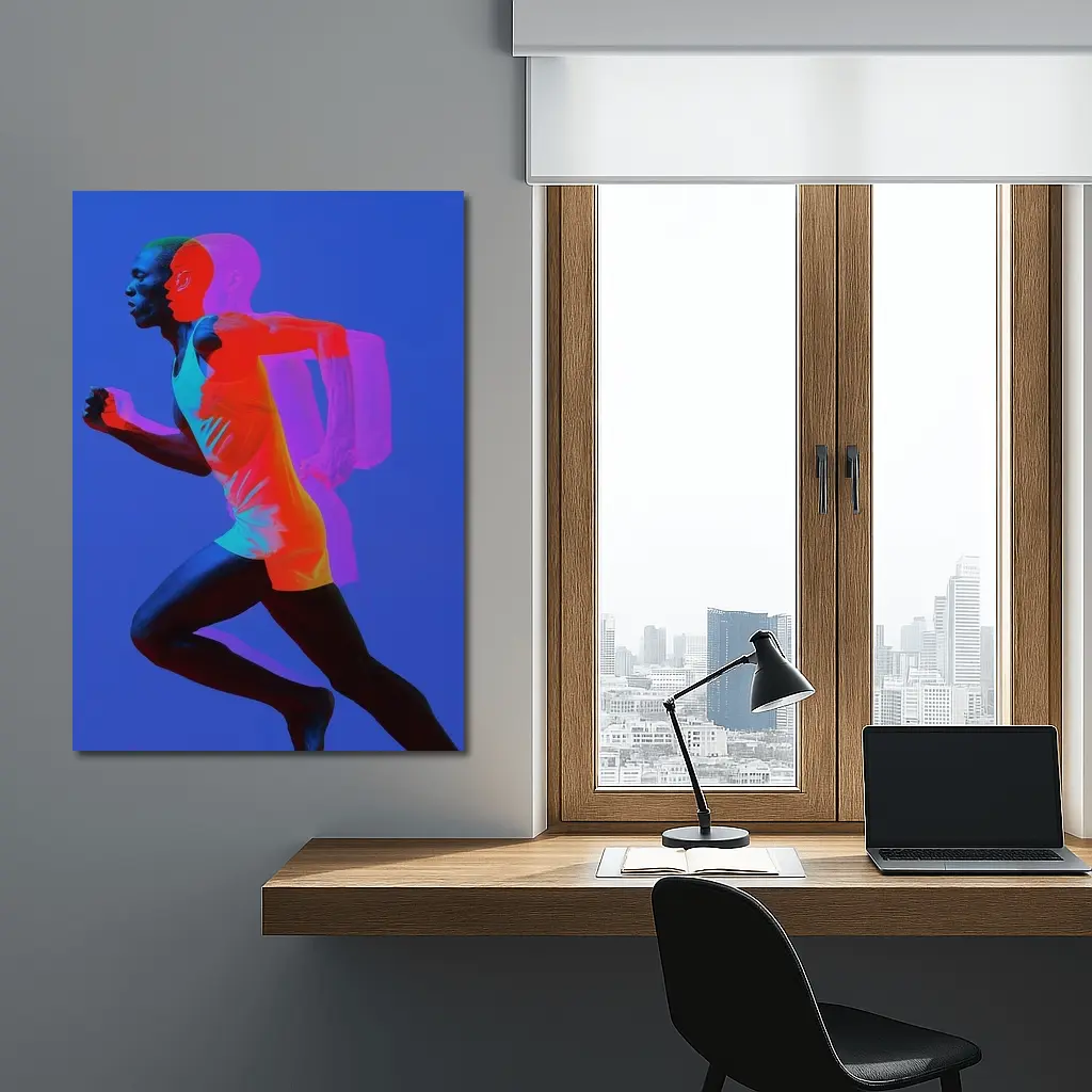 Runner Double Exposure Neon Blue Background – Wall Art