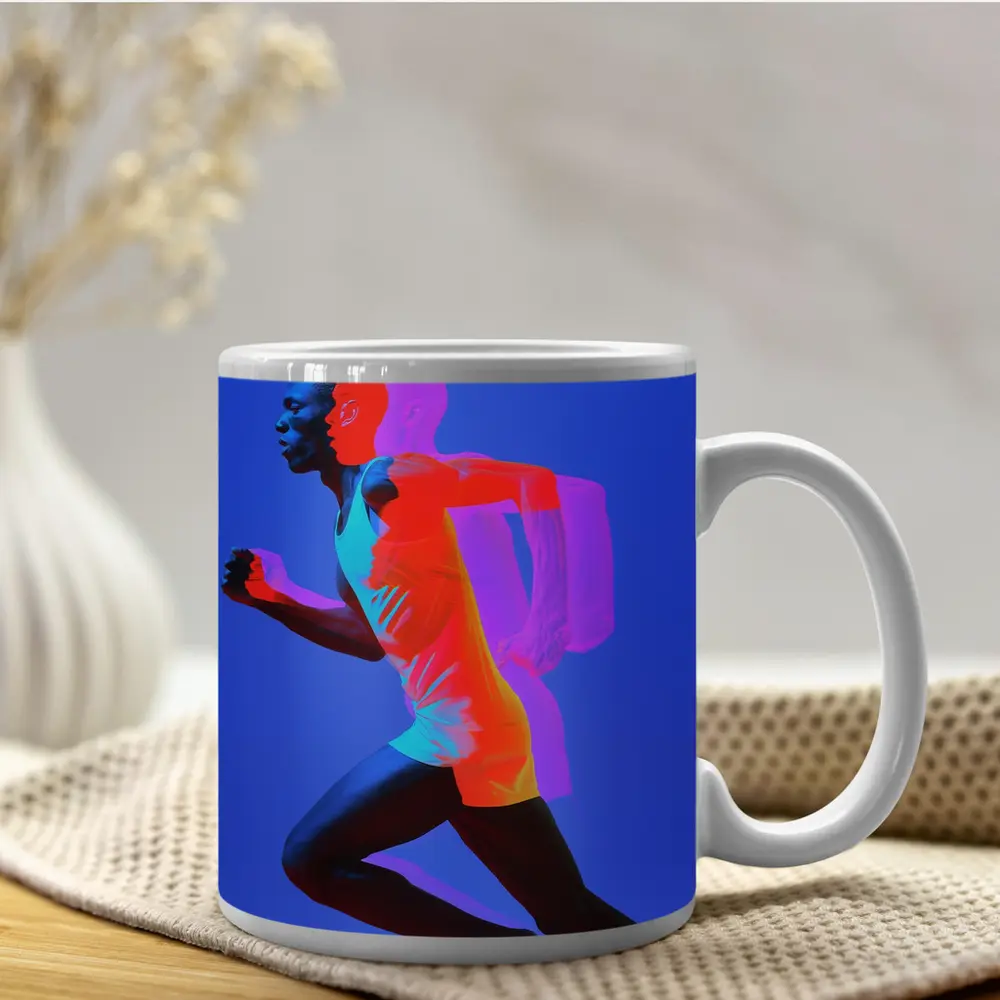 Runner Double Exposure Neon Blue Background – Mugs
