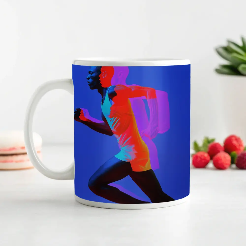 Runner Double Exposure Neon Blue Background – Mugs