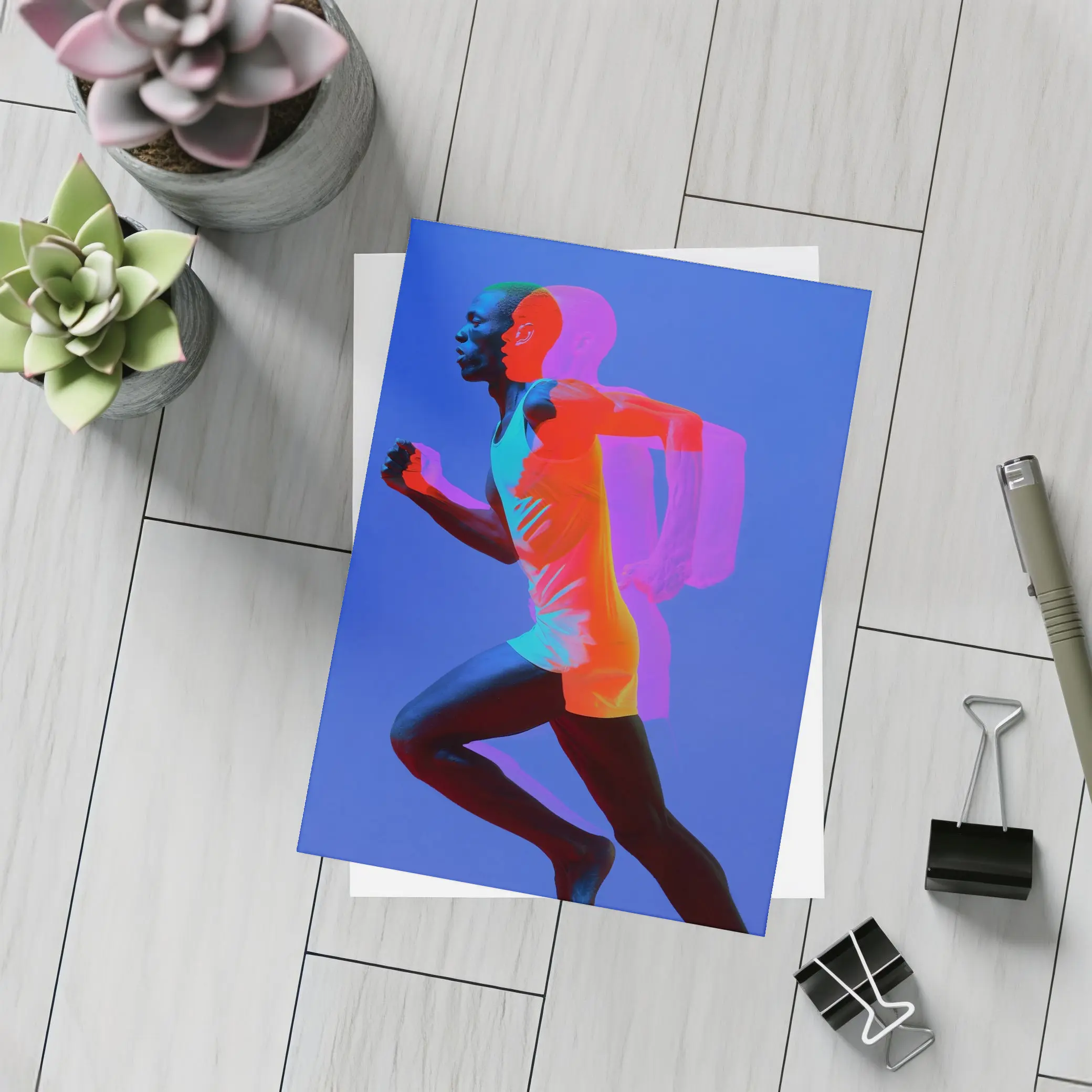 Runner Double Exposure Neon Blue Background – Postcards