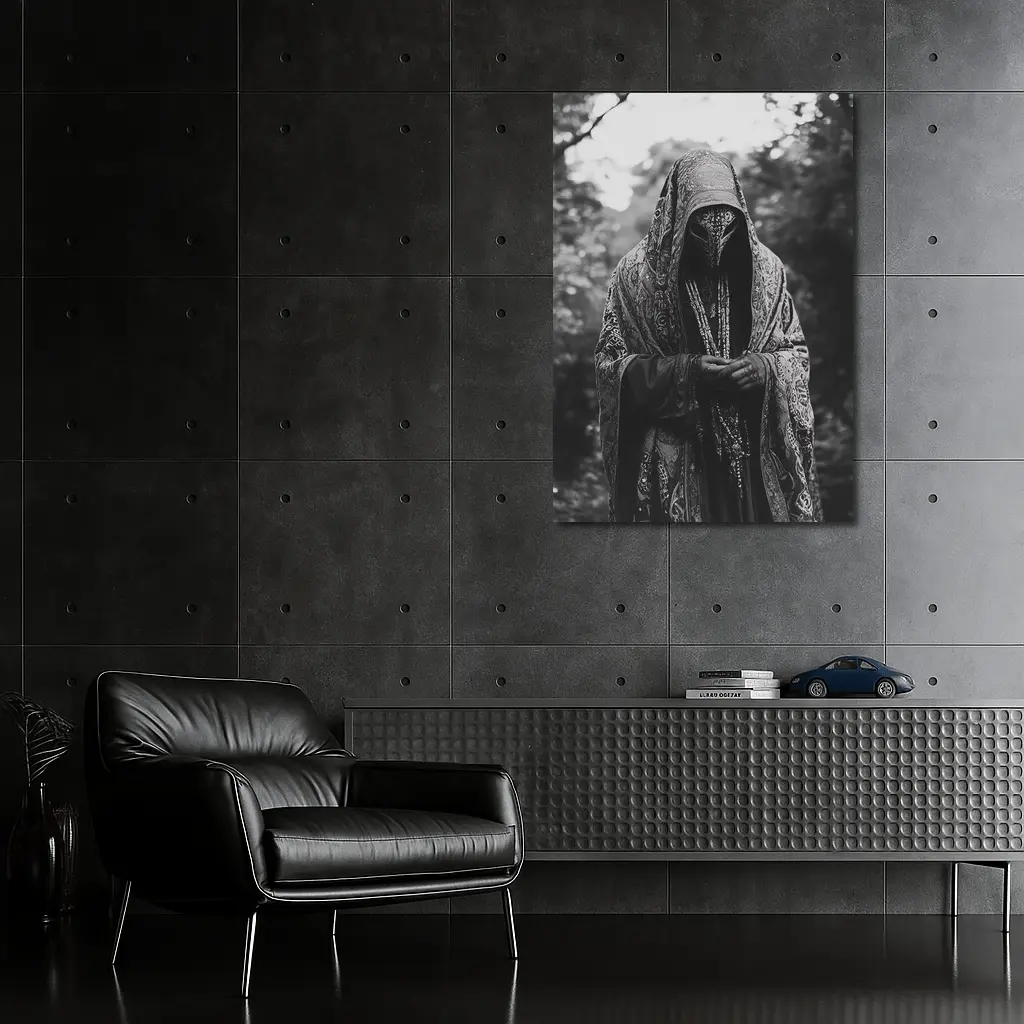 Hooded Mysterious Figure Forest Black White – Wall Art