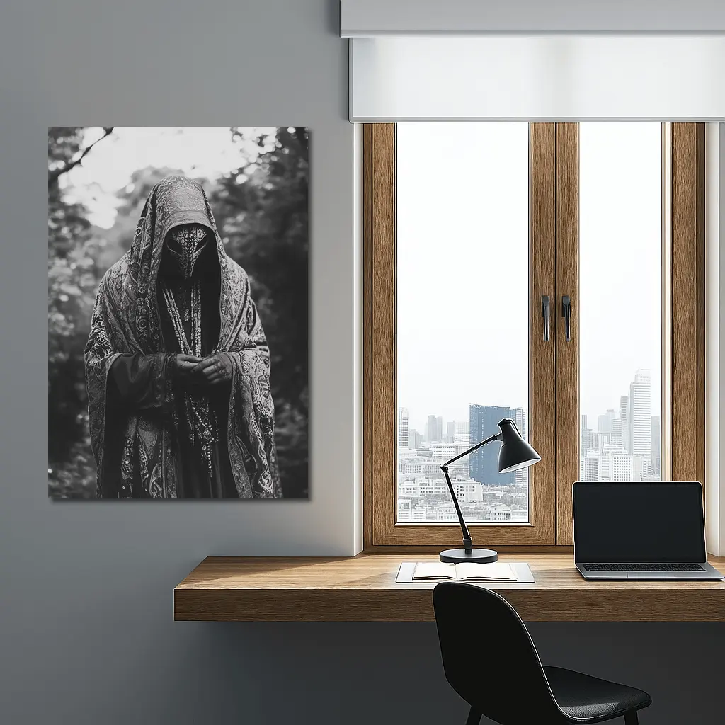 Hooded Mysterious Figure Forest Black White – Wall Art
