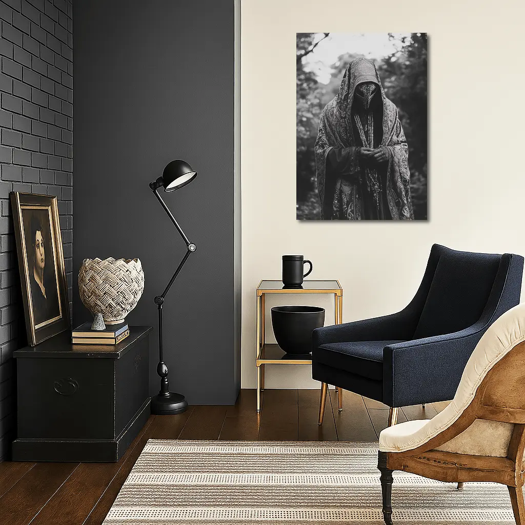 Hooded Mysterious Figure Forest Black White – Wall Art
