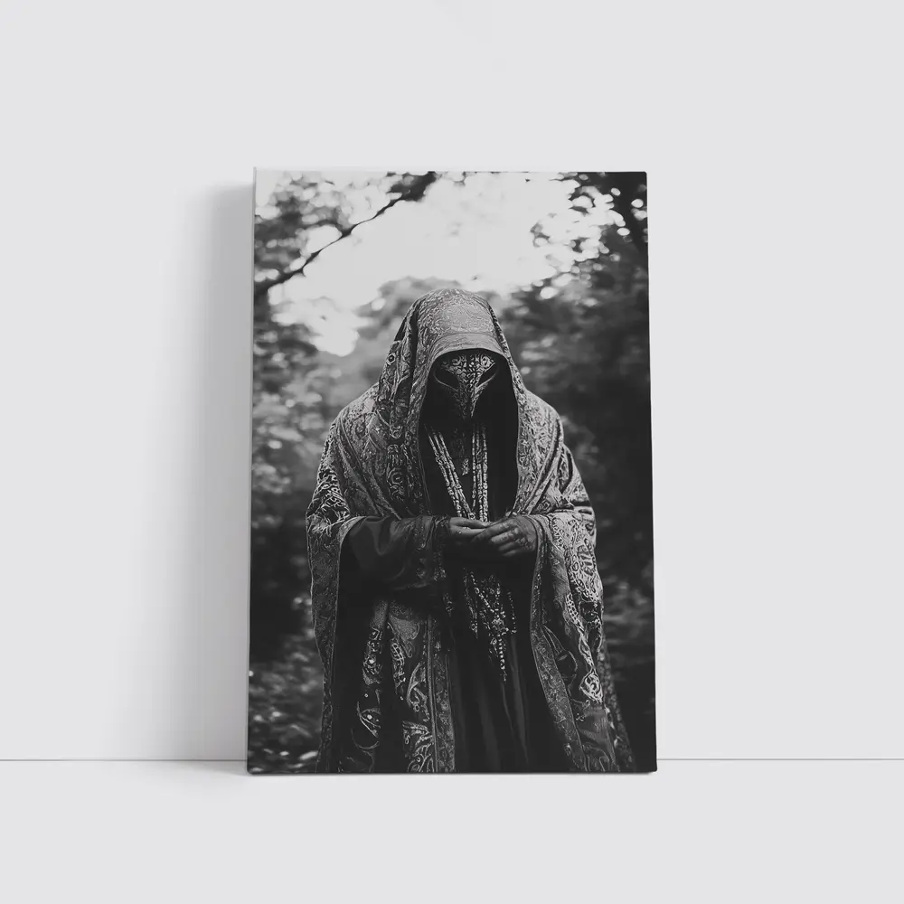 Hooded Mysterious Figure Forest Black White – Wall Art