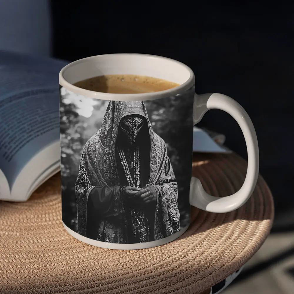 Hooded Mysterious Figure Forest Black White – Mugs