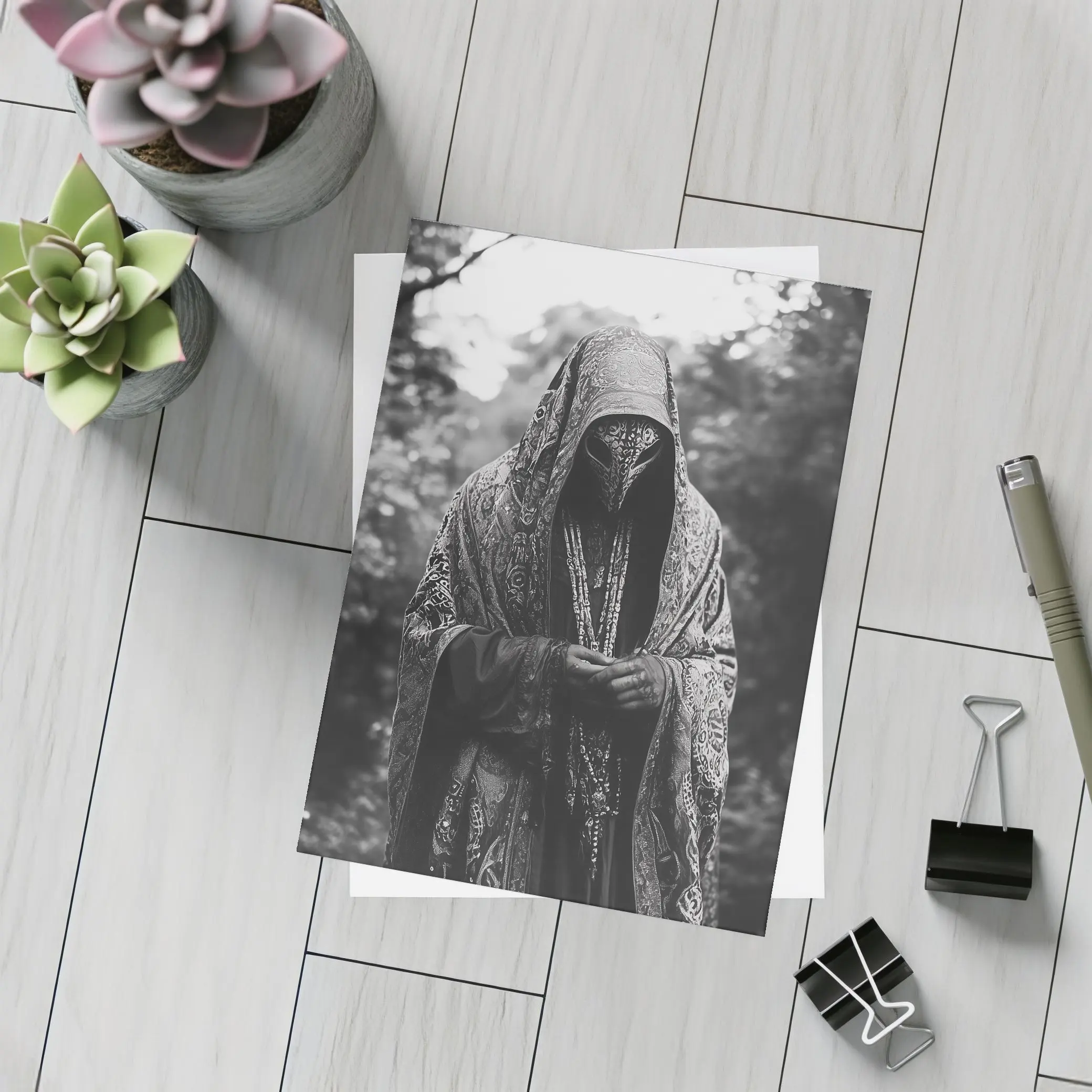 Hooded Mysterious Figure Forest Black White – Postcards