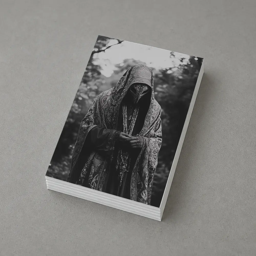 Hooded Mysterious Figure Forest Black White – Postcards