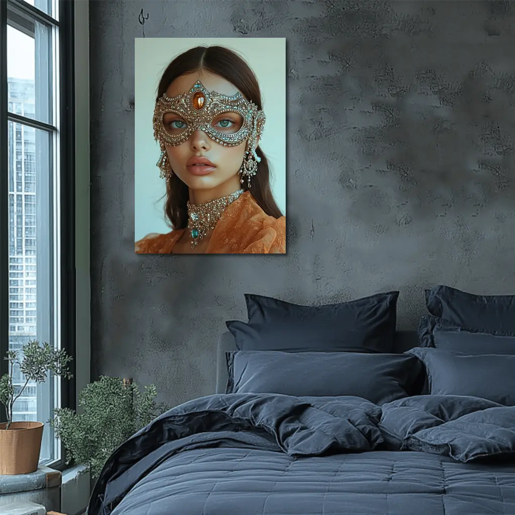 Woman Jeweled Masquerade Mask Orange Dress – Wall Art