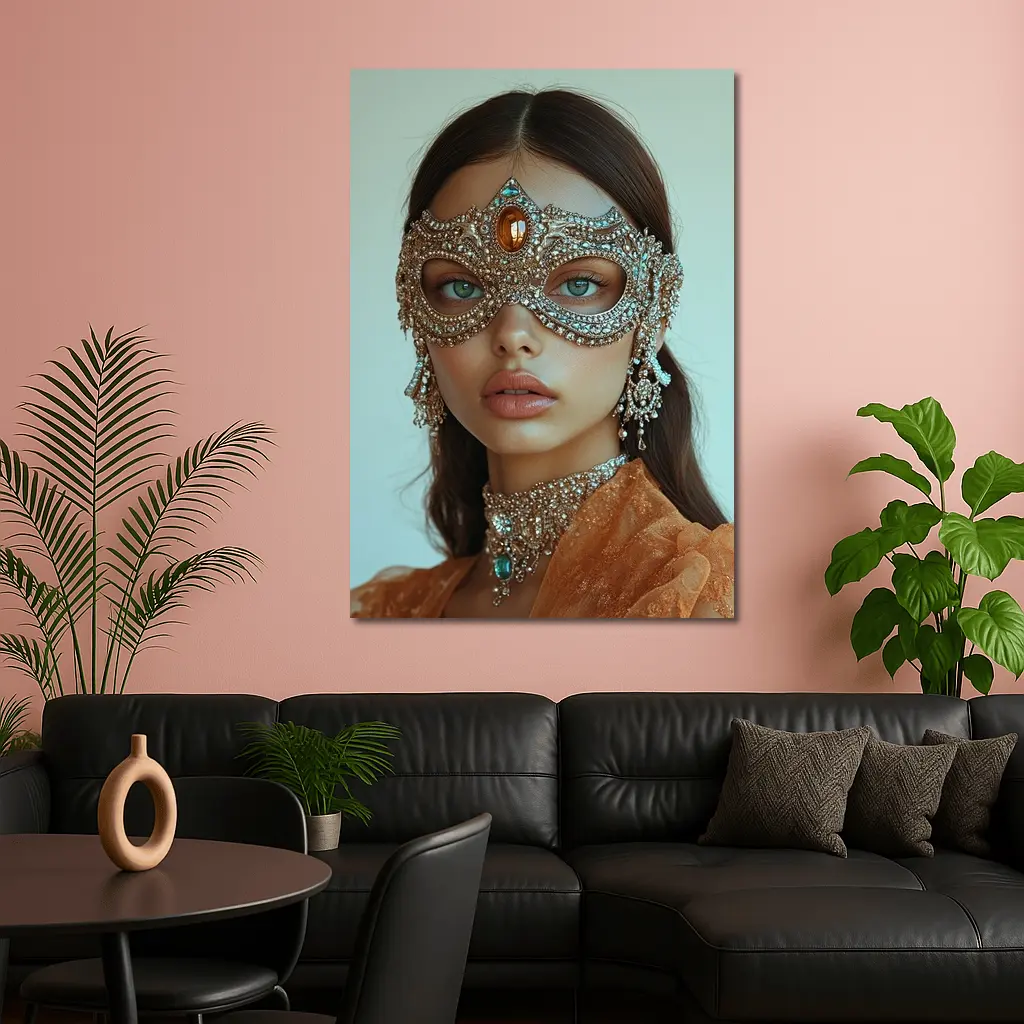 Woman Jeweled Masquerade Mask Orange Dress – Wall Art