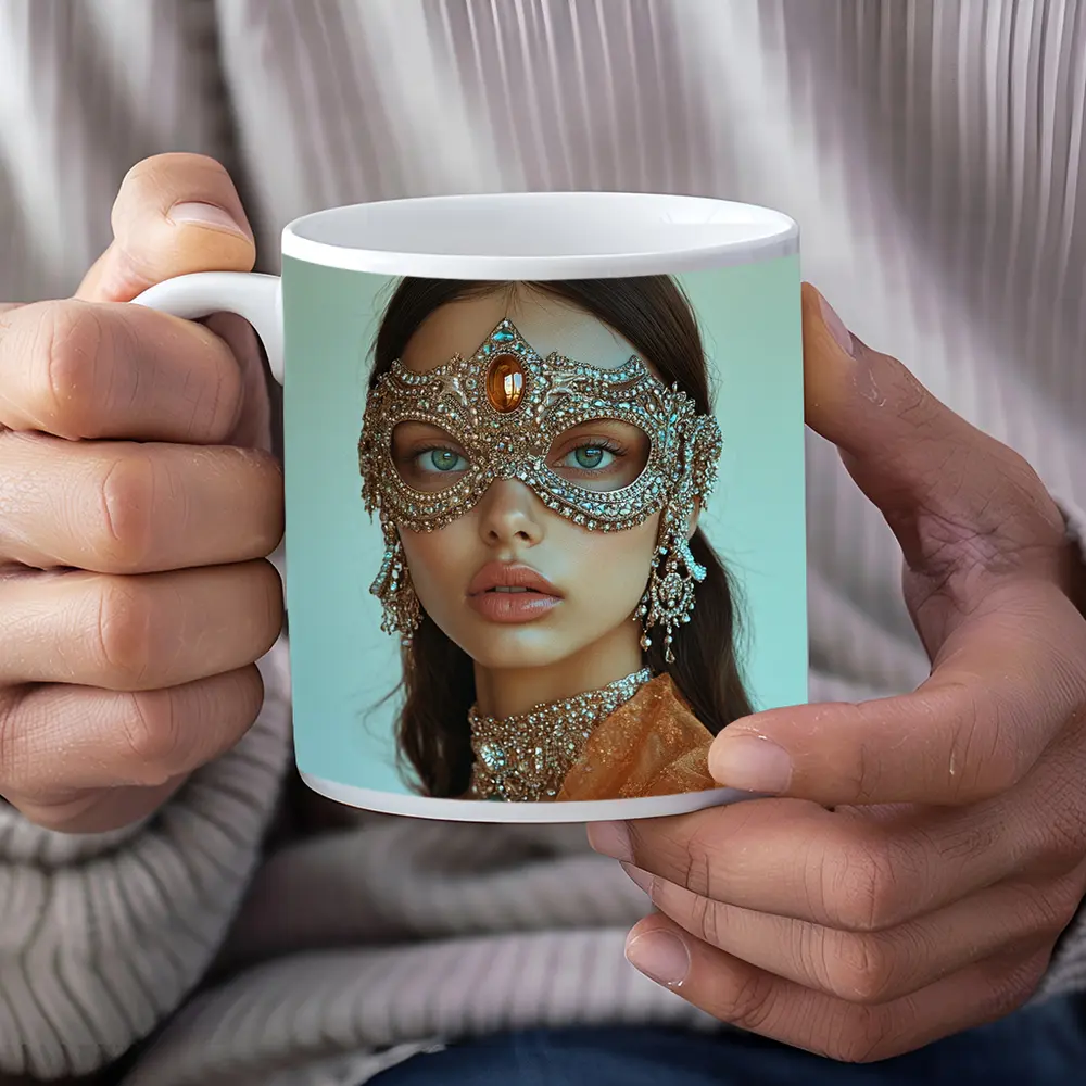 Woman Jeweled Masquerade Mask Orange Dress – Mugs