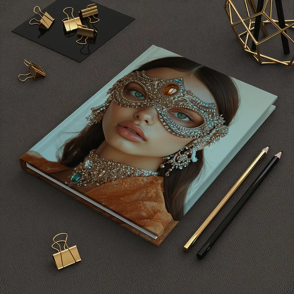 Woman Jeweled Masquerade Mask Orange Dress – Notebooks