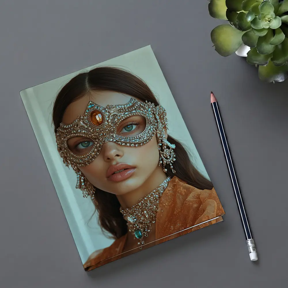 Woman Jeweled Masquerade Mask Orange Dress – Notebooks