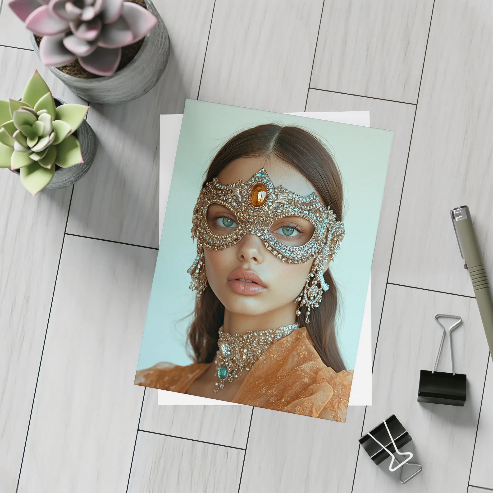 Woman Jeweled Masquerade Mask Orange Dress – Postcards