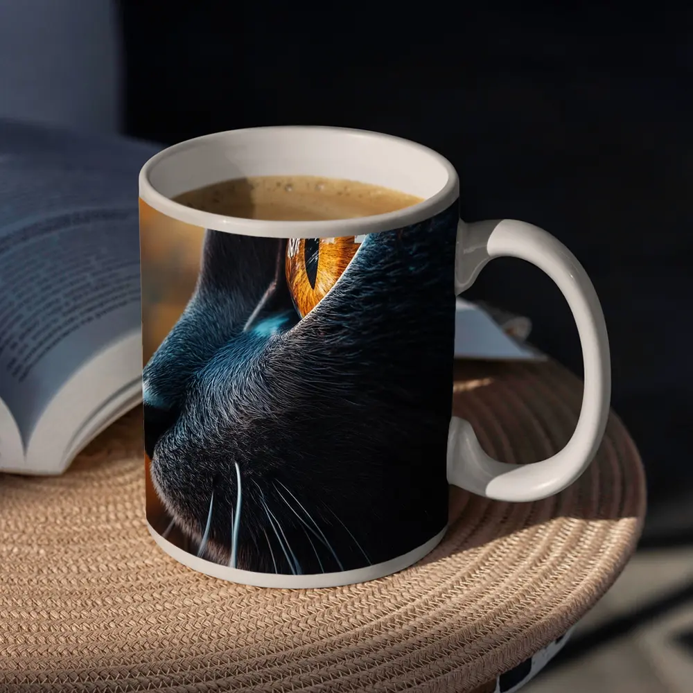Black Cat Golden Eye Close Up Portrait – Mugs