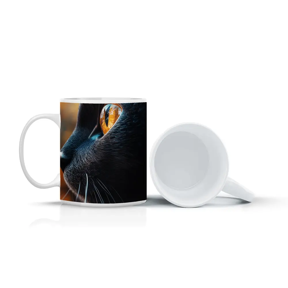 Black Cat Golden Eye Close Up Portrait – Mugs