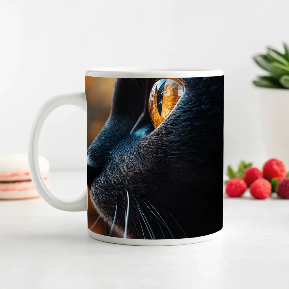 Black Cat Golden Eye Close Up Portrait – Mugs